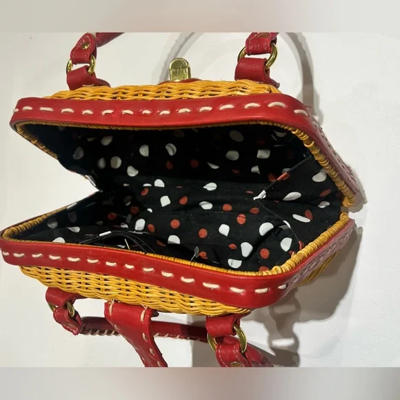 Red Leather Trimmed Woven Rattan Wicker Handbag Vintage chic elegant preppy bag - Picture 8 of 12